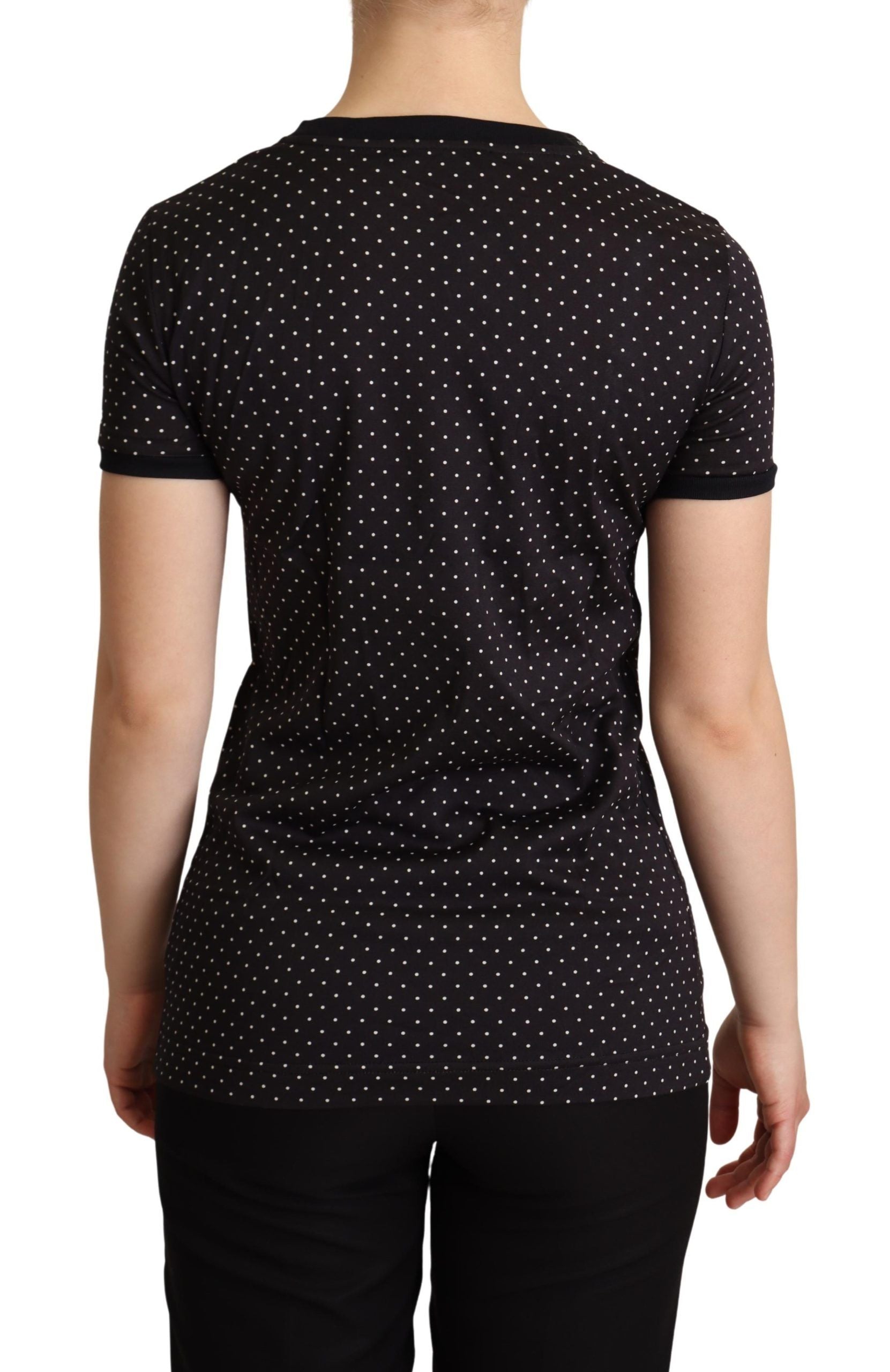 Zwart gestippelde ronde hals katoenen T-shirt
