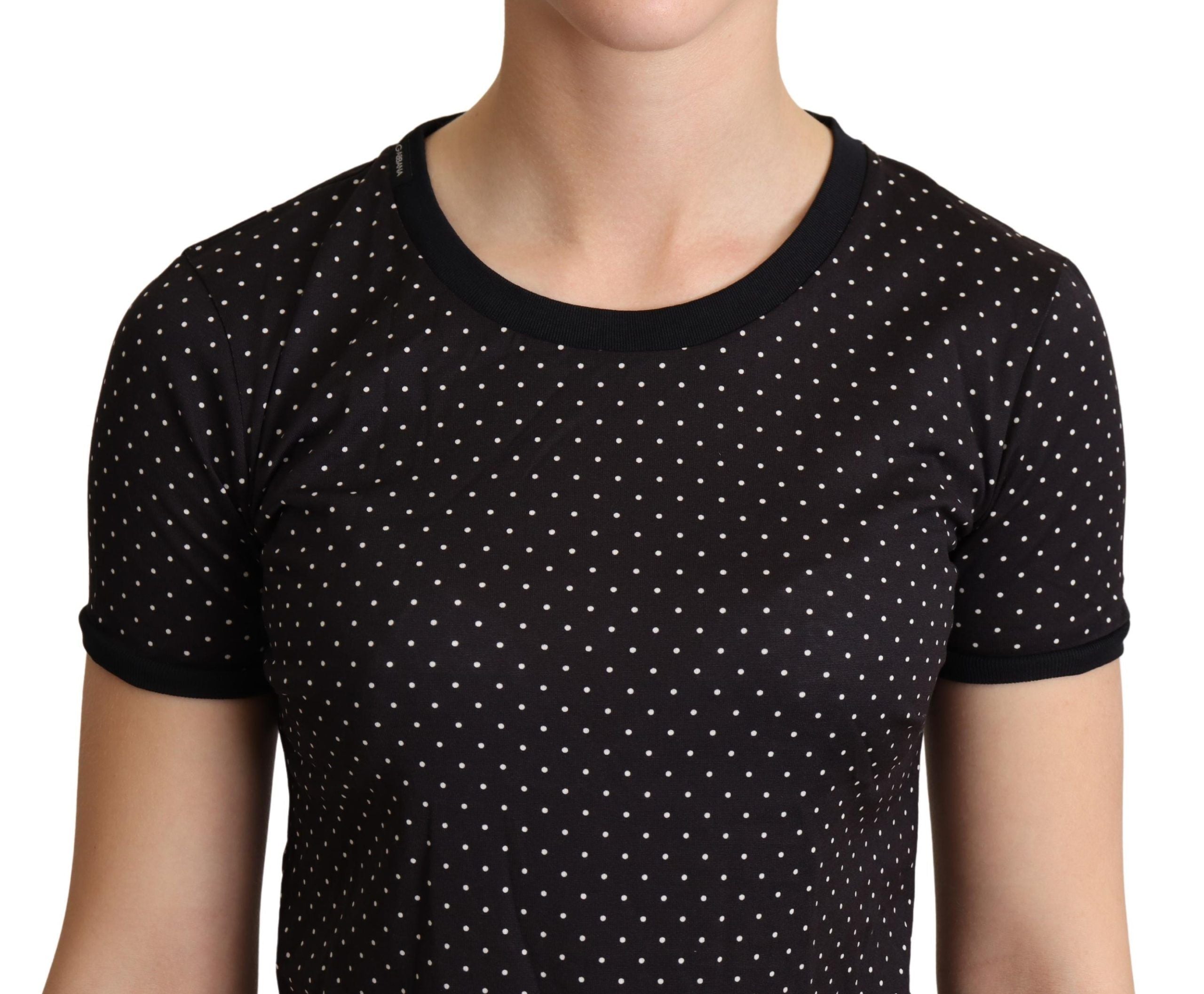 Zwart gestippelde ronde hals katoenen T-shirt