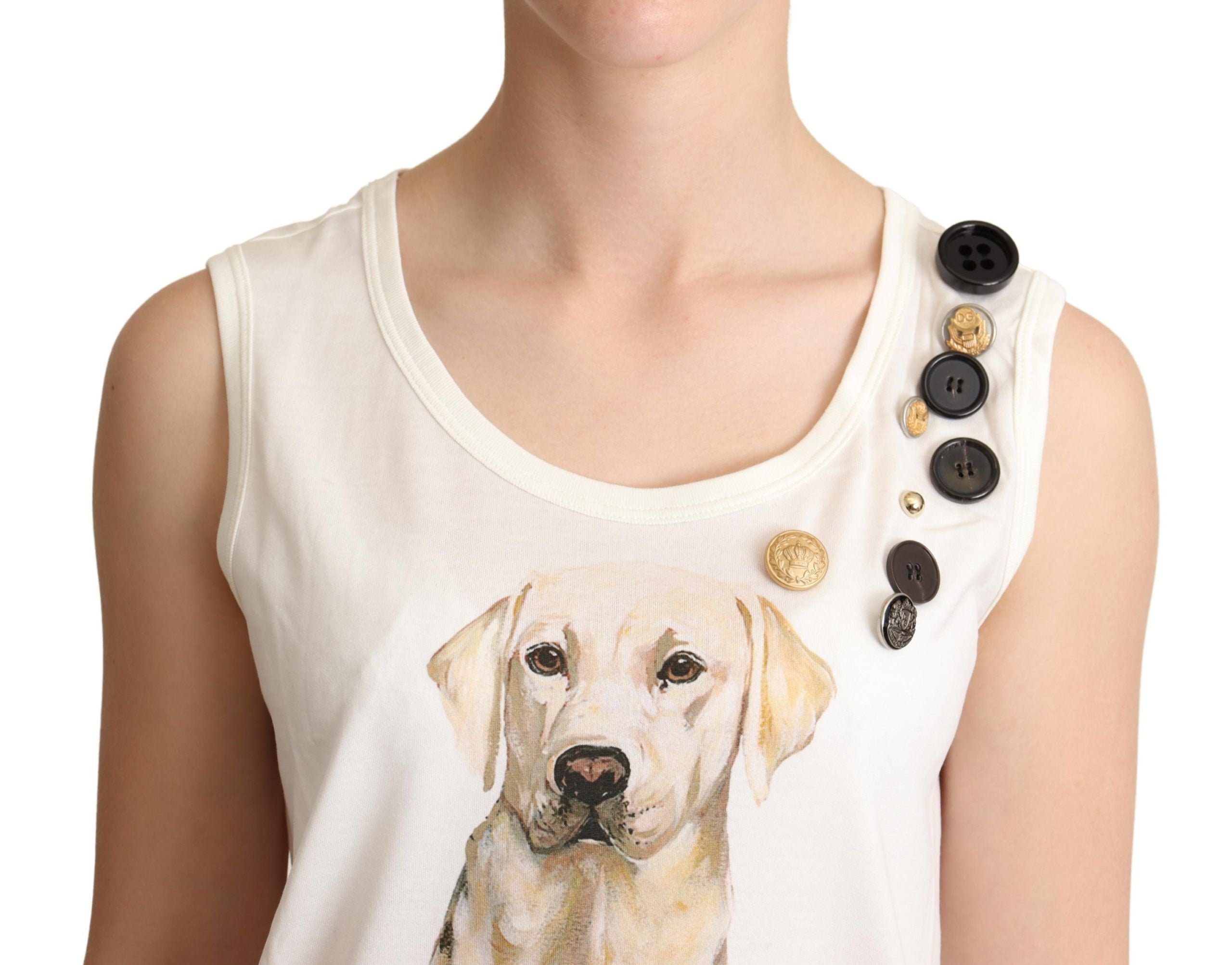Wit T-shirt met bloemenprint en versierd met hondenprint