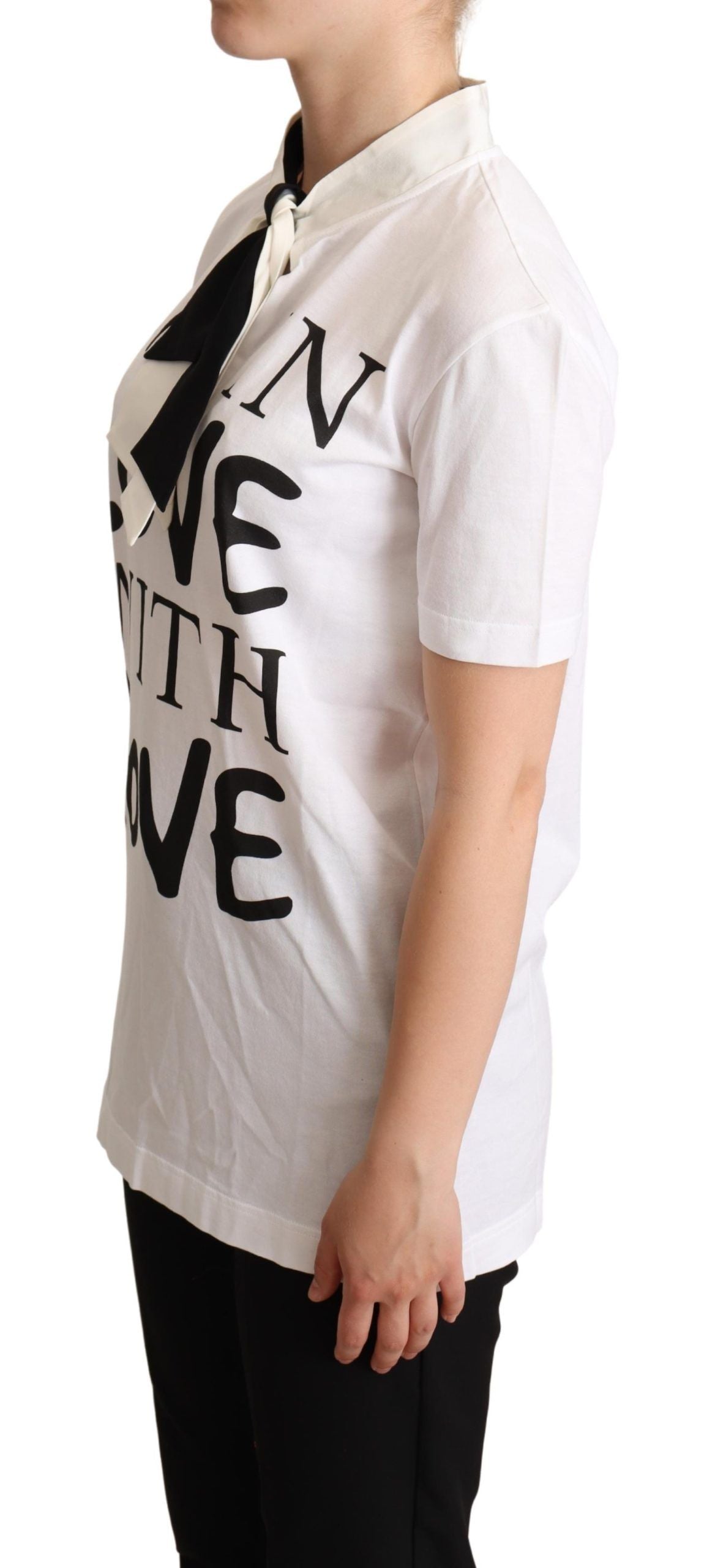 Wit T-shirt met Ascot-kraag van katoen en zijdemix