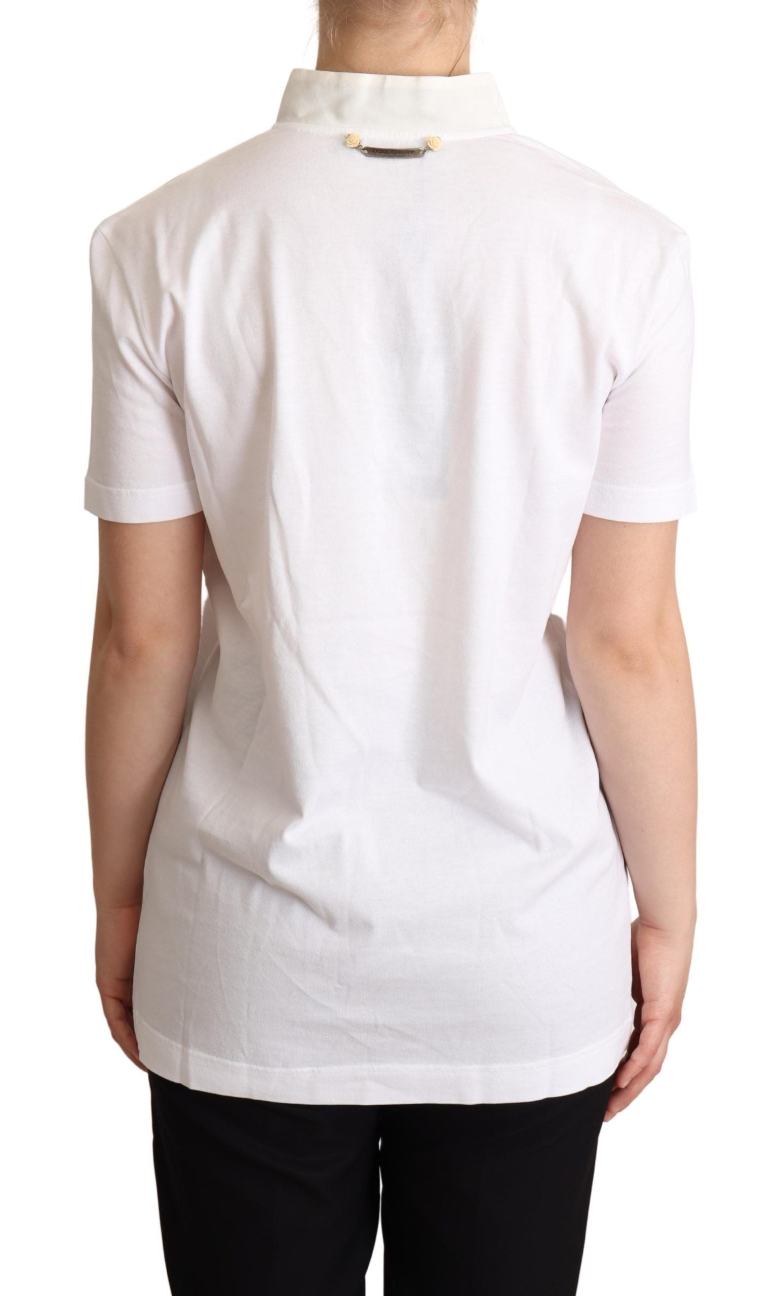 Wit T-shirt met Ascot-kraag van katoen en zijdemix