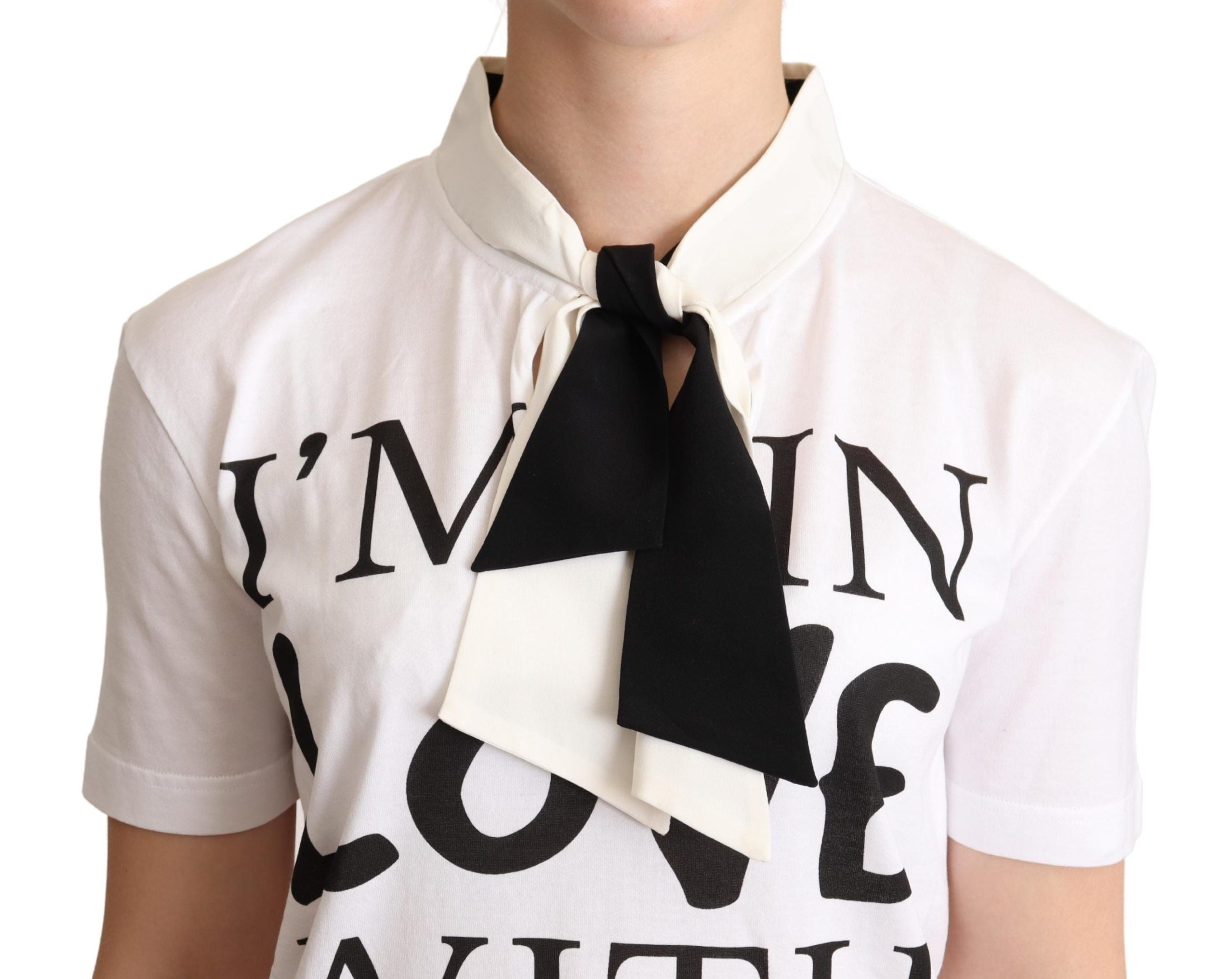 Wit T-shirt met Ascot-kraag van katoen en zijdemix