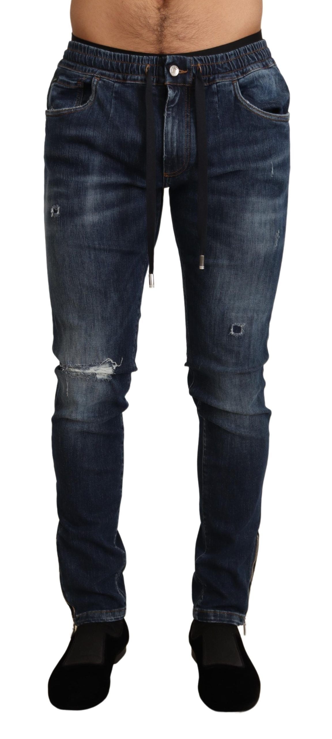 Blauwe katoenen stretch jeans met gescheurde spijkerbroek