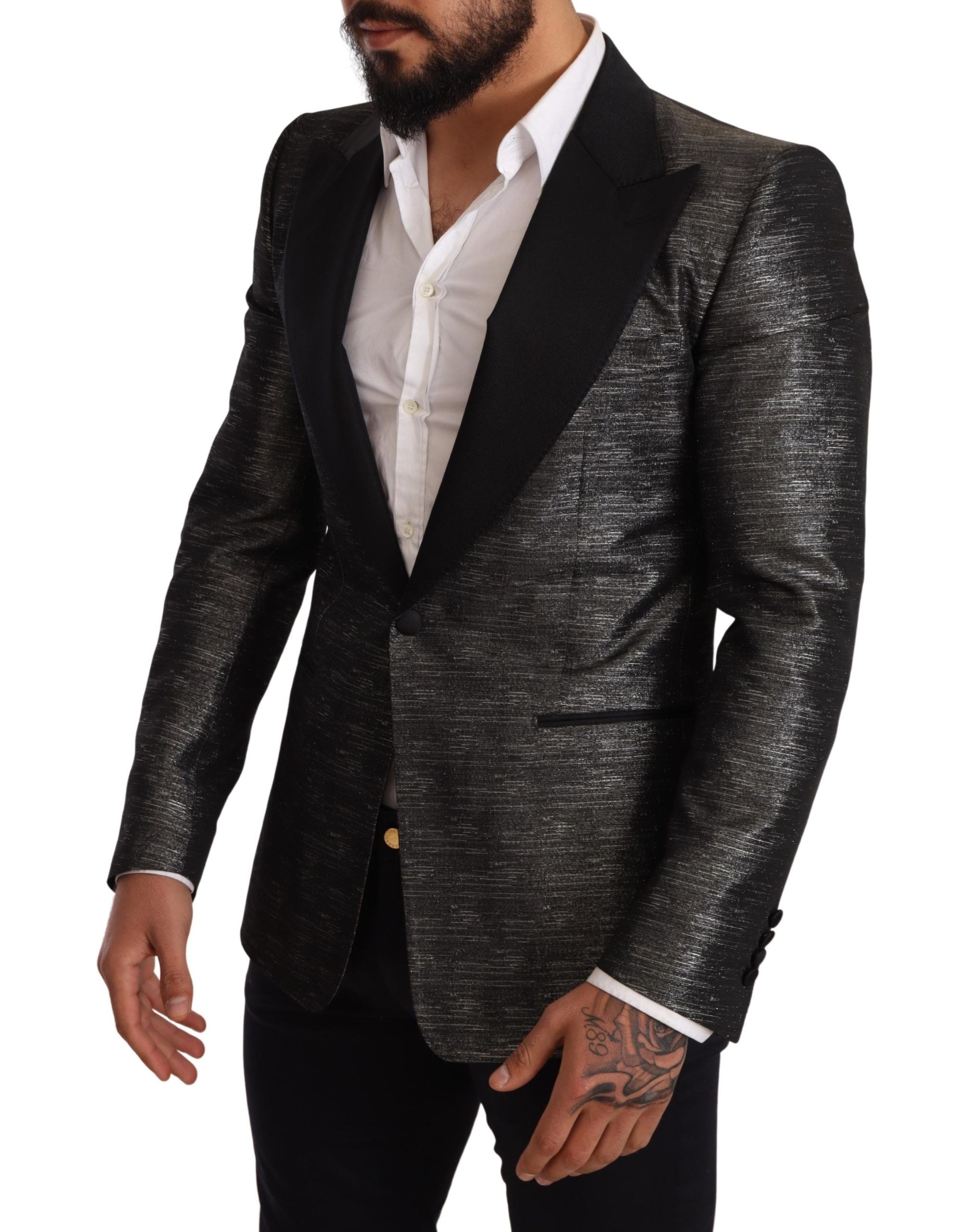 Grijs metallic zwart slank smokingblazer