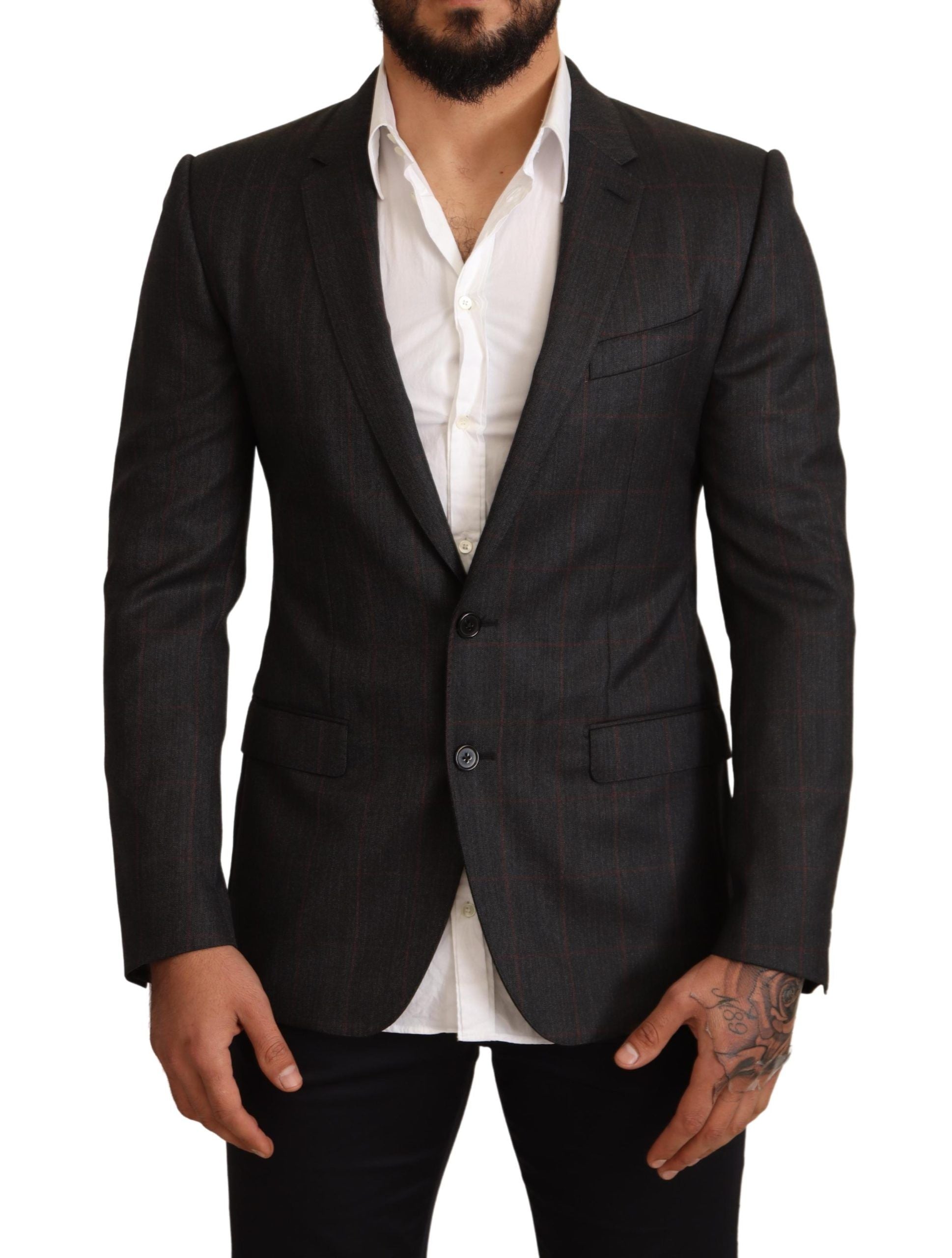 Grijs geruit wollen slim fit blazerjack