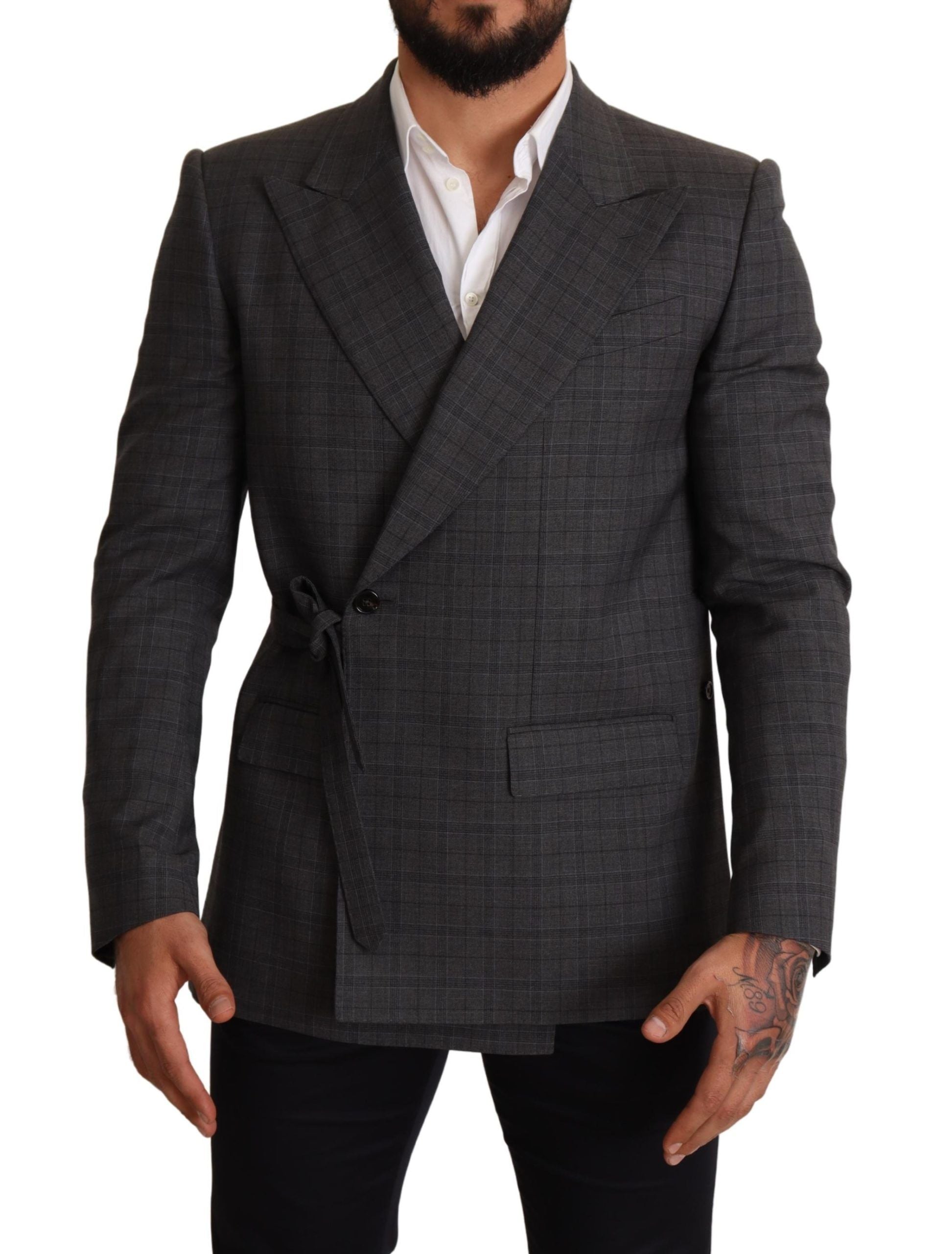 Grijs geruit wollen slim fit blazerjack