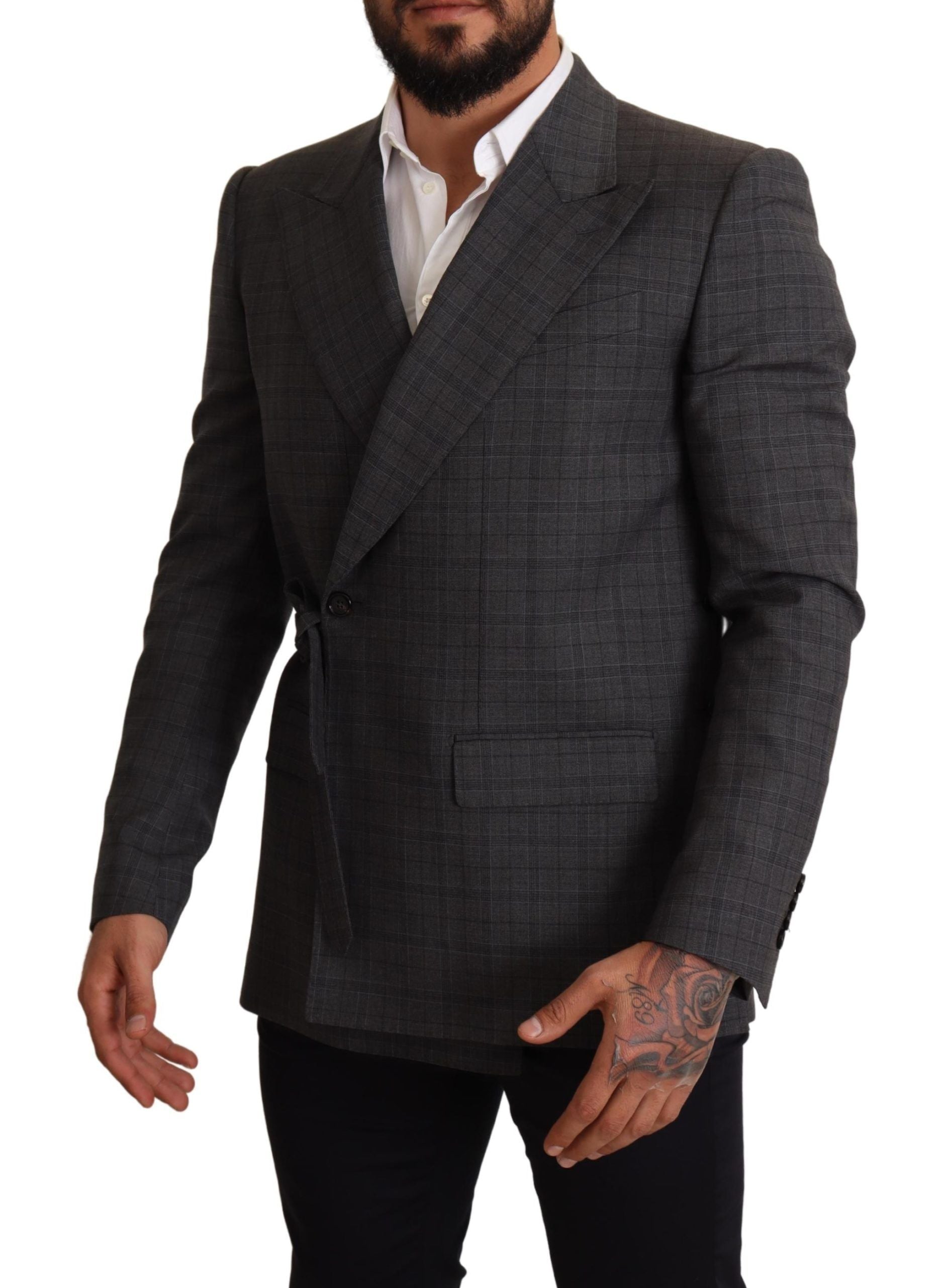 Grijs geruit wollen slim fit blazerjack