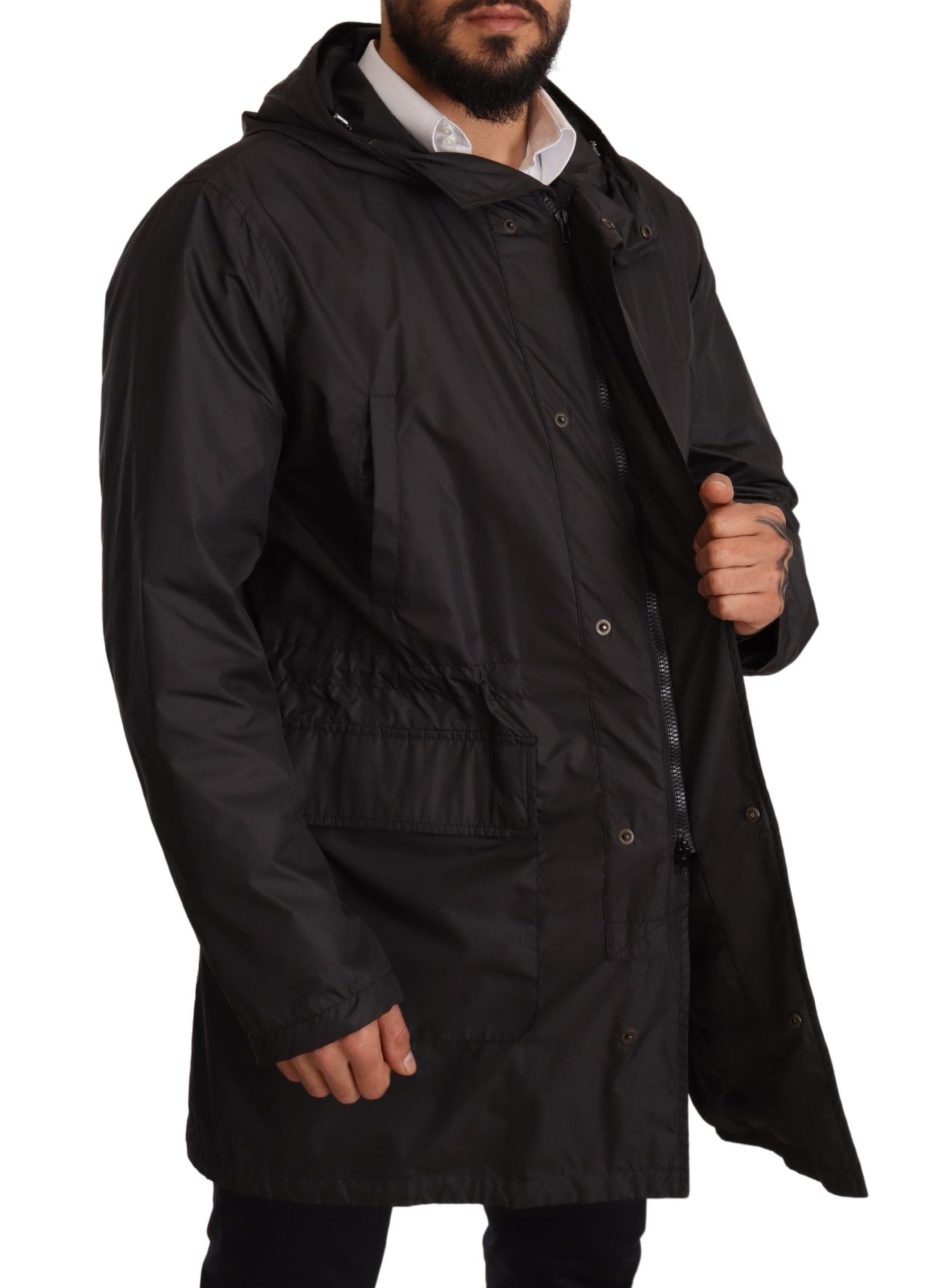 Zwarte trenchcoat met capuchon voor heren