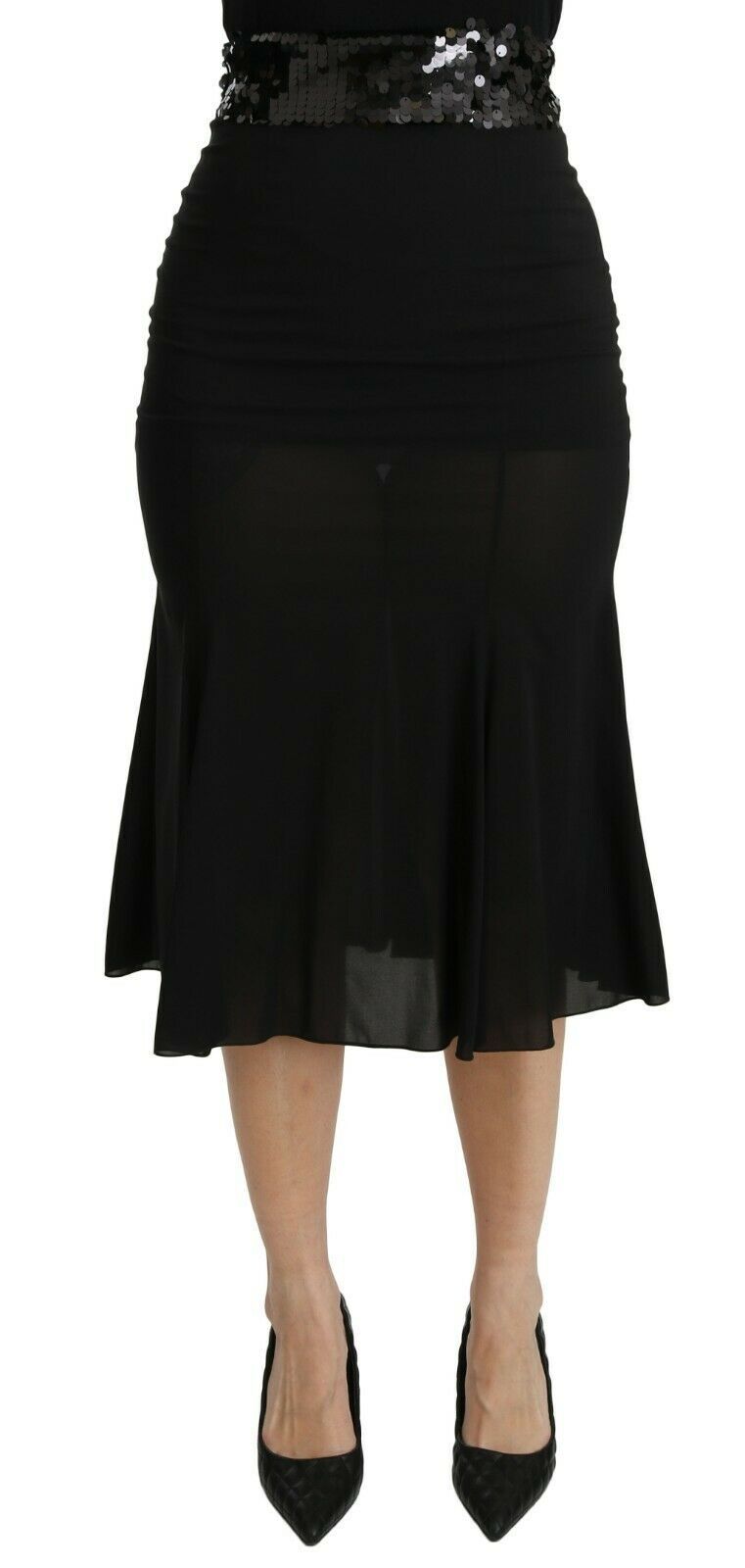Zwarte zeemeermin hoge taille midi zijden rok