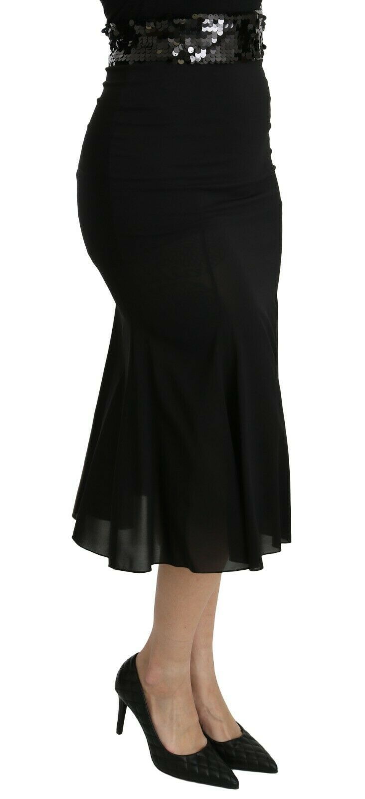Zwarte zeemeermin hoge taille midi zijden rok