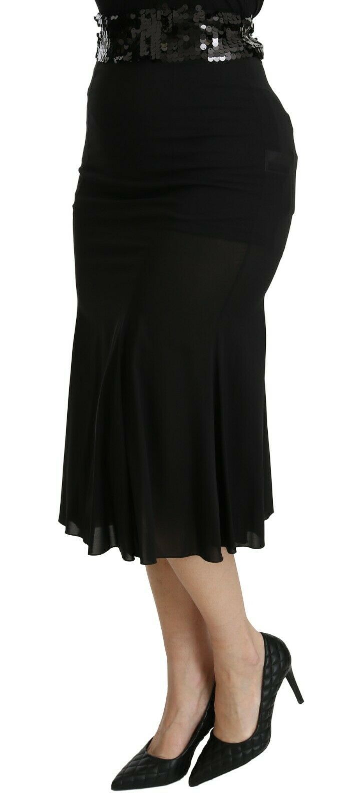 Zwarte zeemeermin hoge taille midi zijden rok