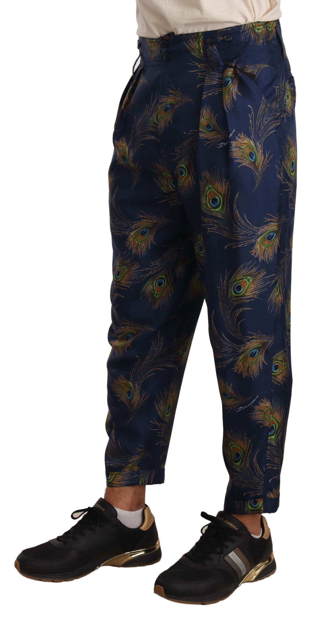 Blauwe pauwprint taps toelopende broek zijden broek
