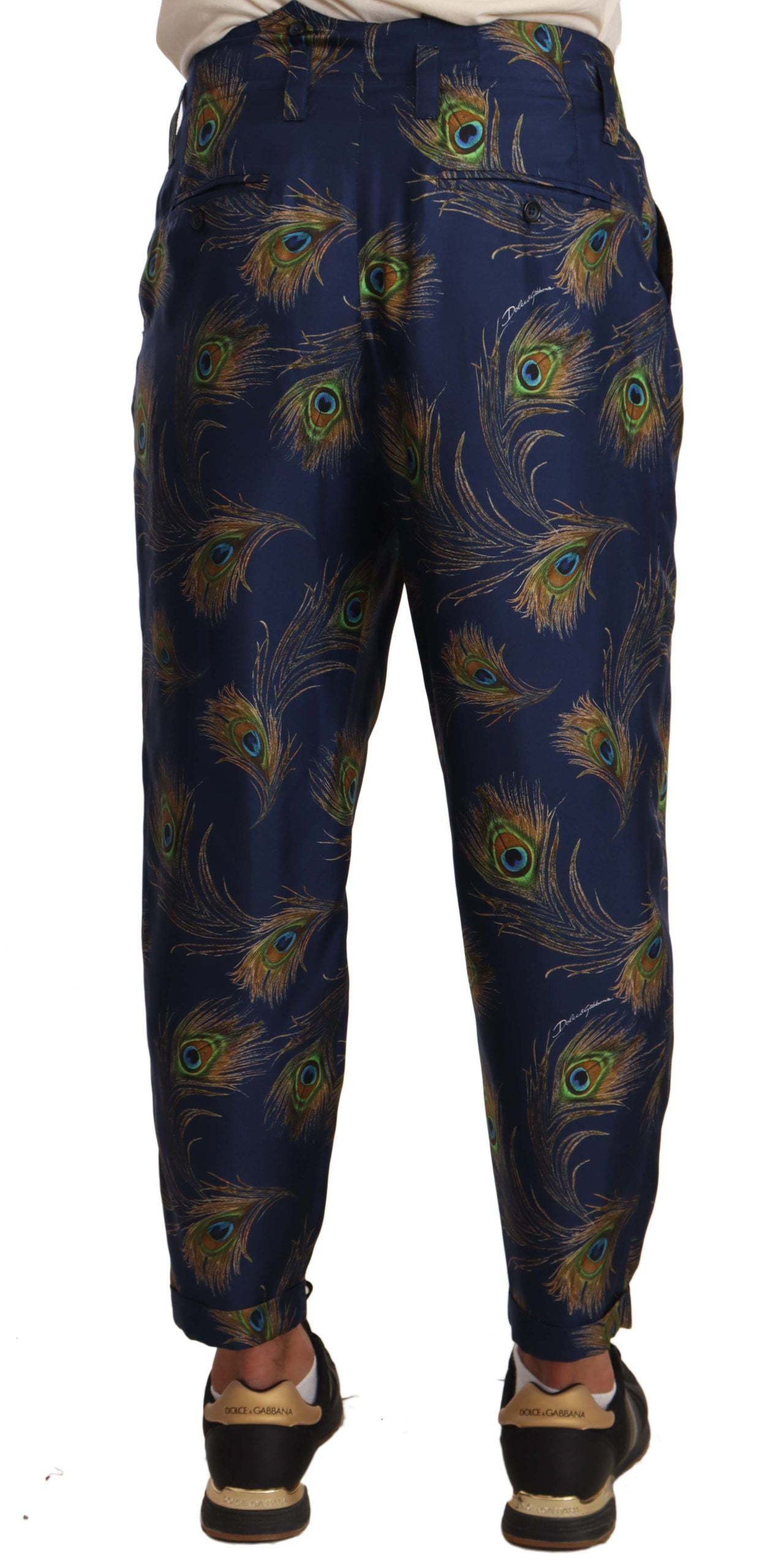 Blauwe pauwprint taps toelopende broek zijden broek