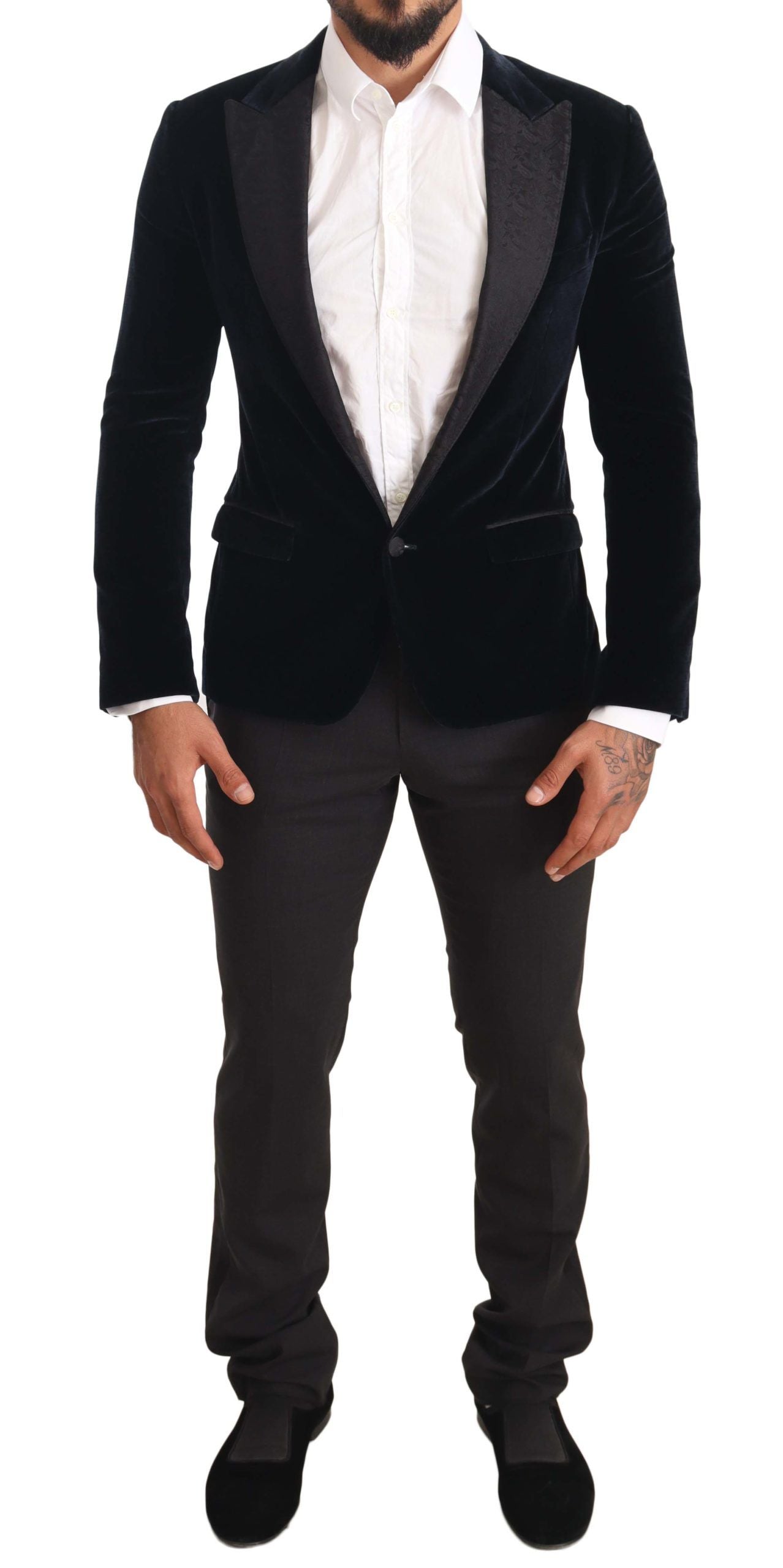 Blauw fluwelen katoenen slim fit rookpak