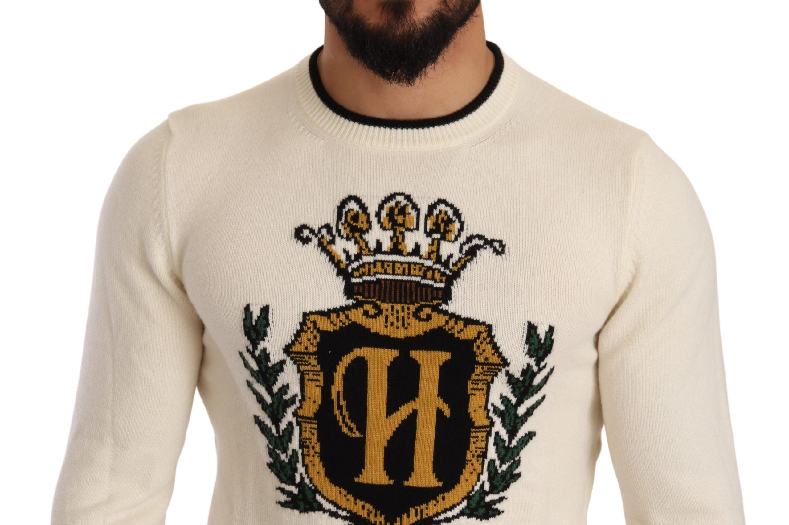 Witte heraldische kasjmier trui
