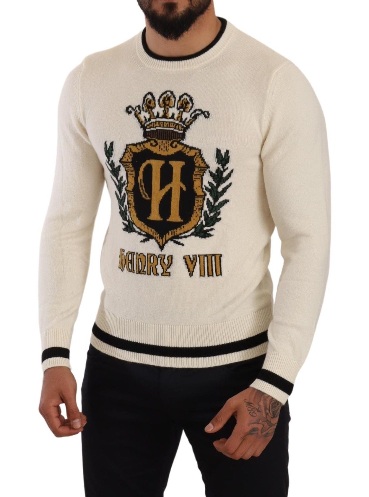Witte heraldische kasjmier trui