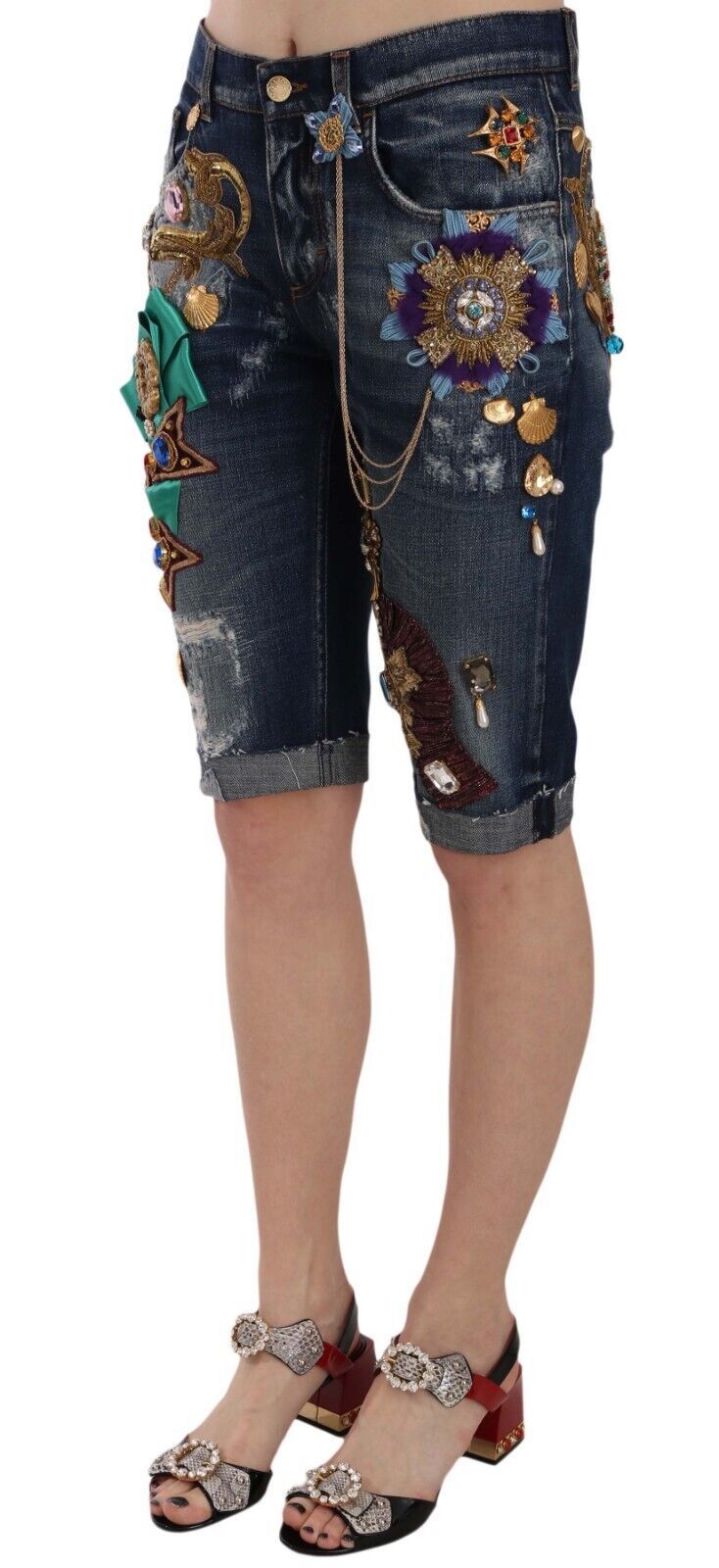 Blauwe denim kristal capri shorts met middelhoge taille