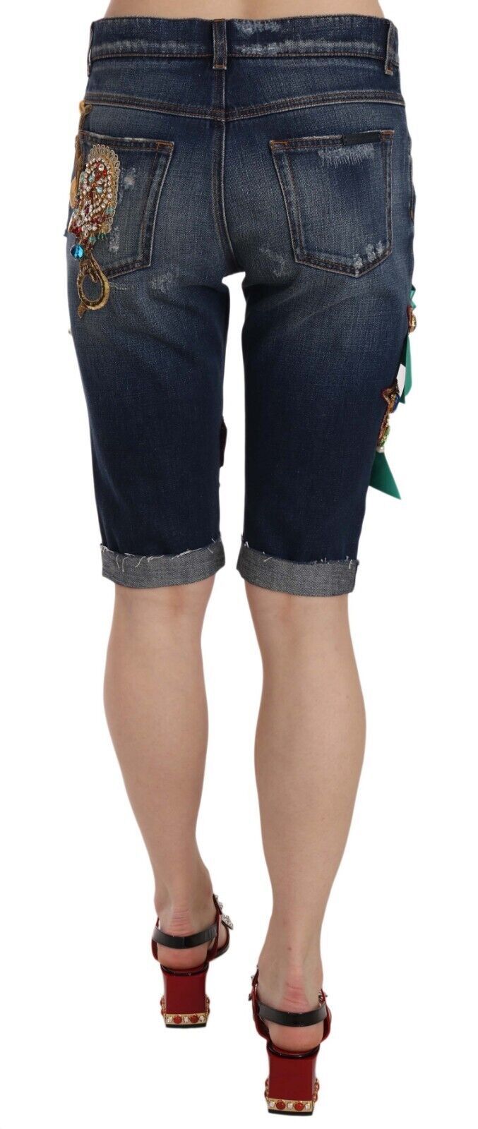 Blauwe denim kristal capri shorts met middelhoge taille