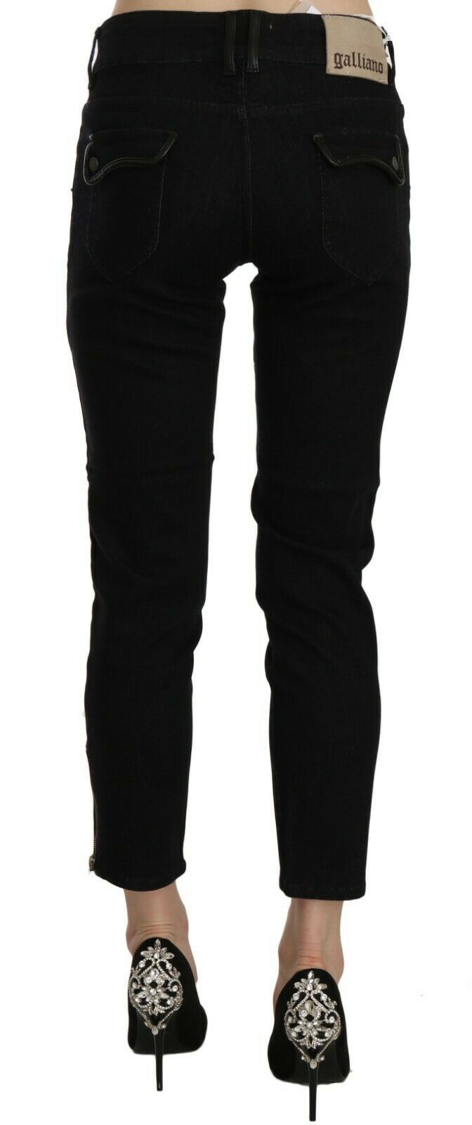Zwarte denim casual broek met middelhoge taille en cropped zoom