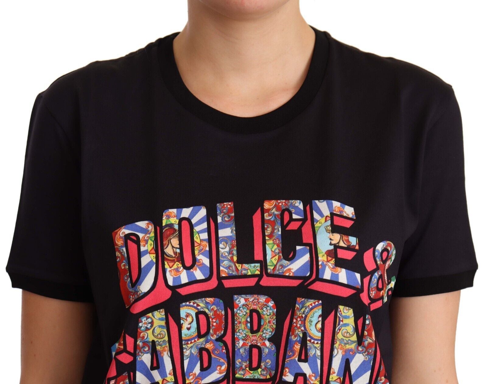 Zwart katoenen T-shirt met grote print en ronde hals