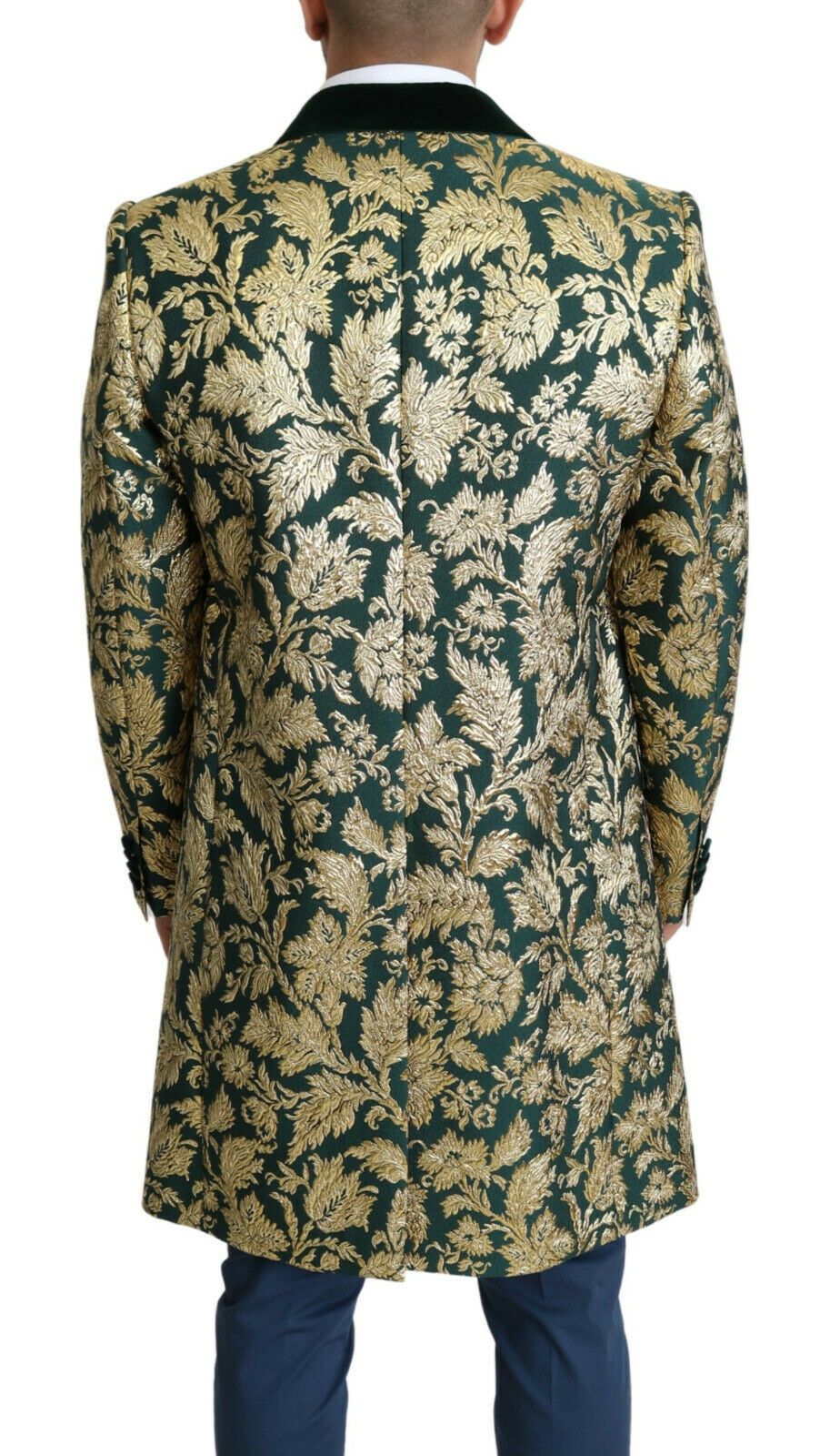 DOLCE & GABBANA Jas SICILIA Groen Goud Jacquard Lange Jas