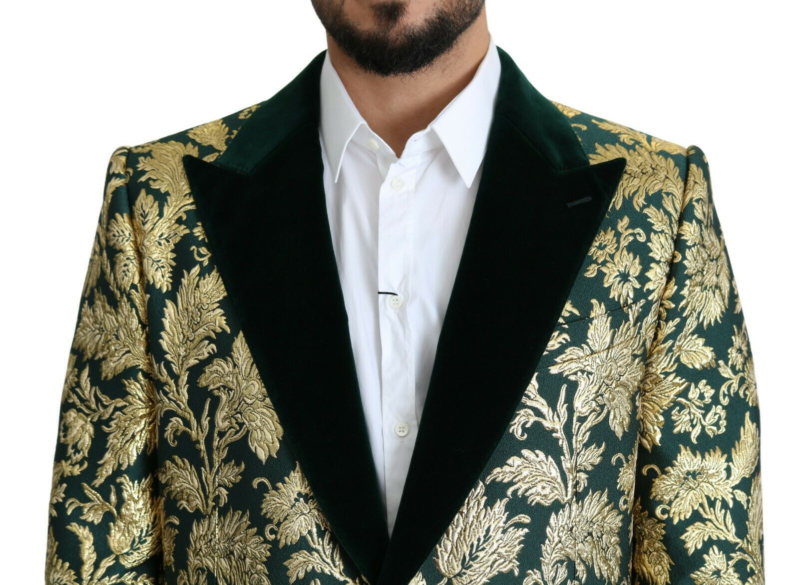 DOLCE & GABBANA Jas SICILIA Groen Goud Jacquard Lange Jas