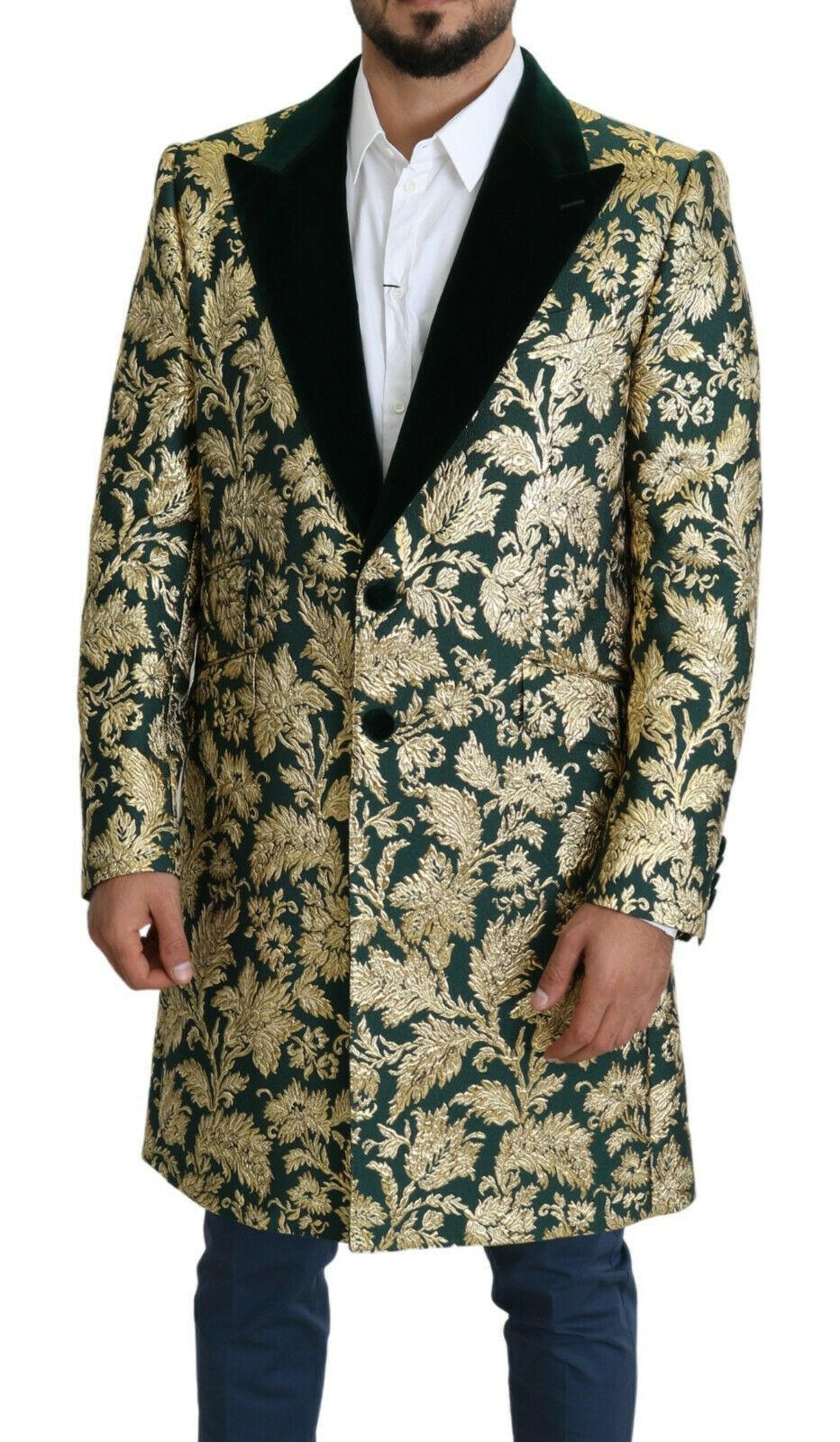 DOLCE & GABBANA Jas SICILIA Groen Goud Jacquard Lange Jas