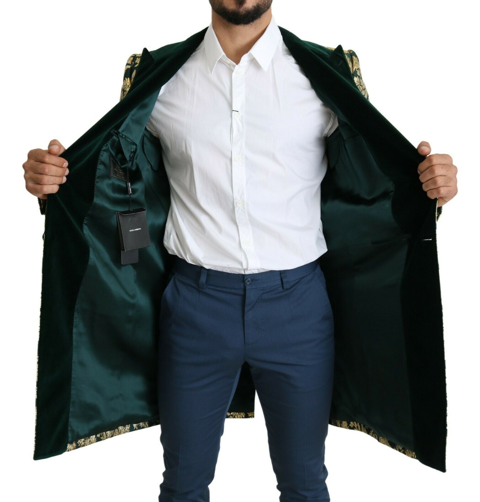 DOLCE & GABBANA Jas SICILIA Groen Goud Jacquard Lange Jas