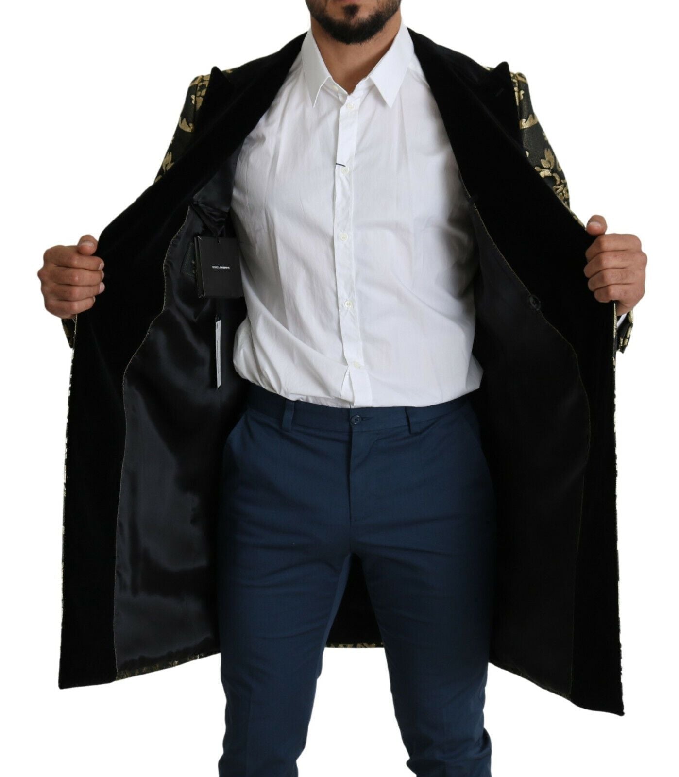 Zwarte gouden jacquard lange jas SICILIA jas