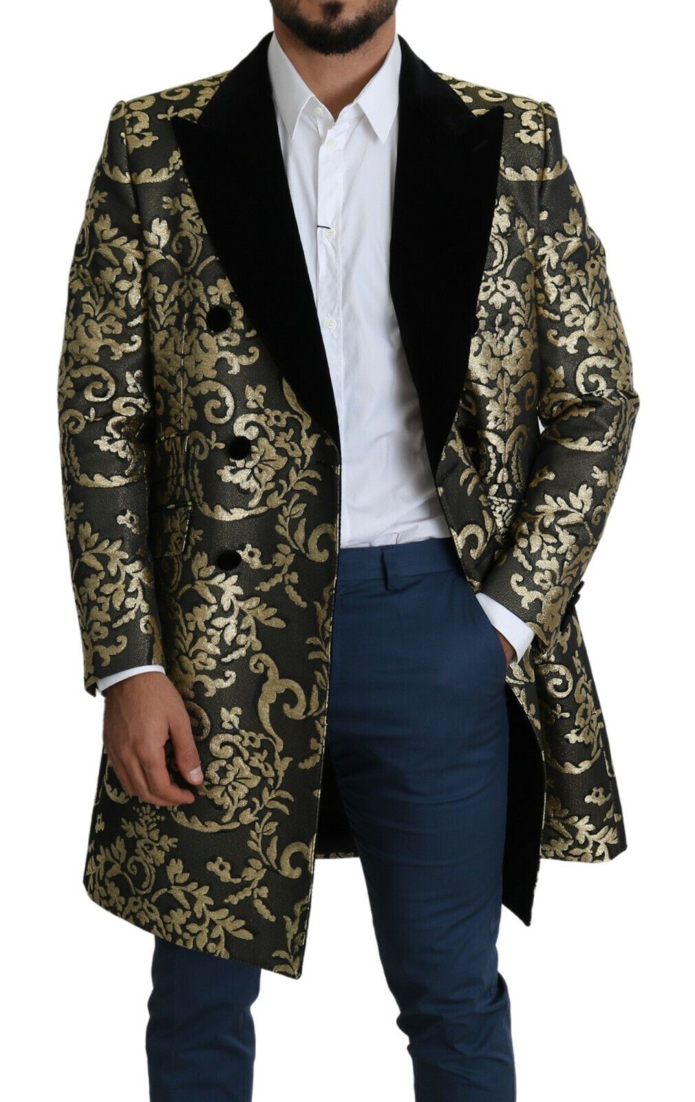 Zwarte gouden jacquard lange jas SICILIA jas