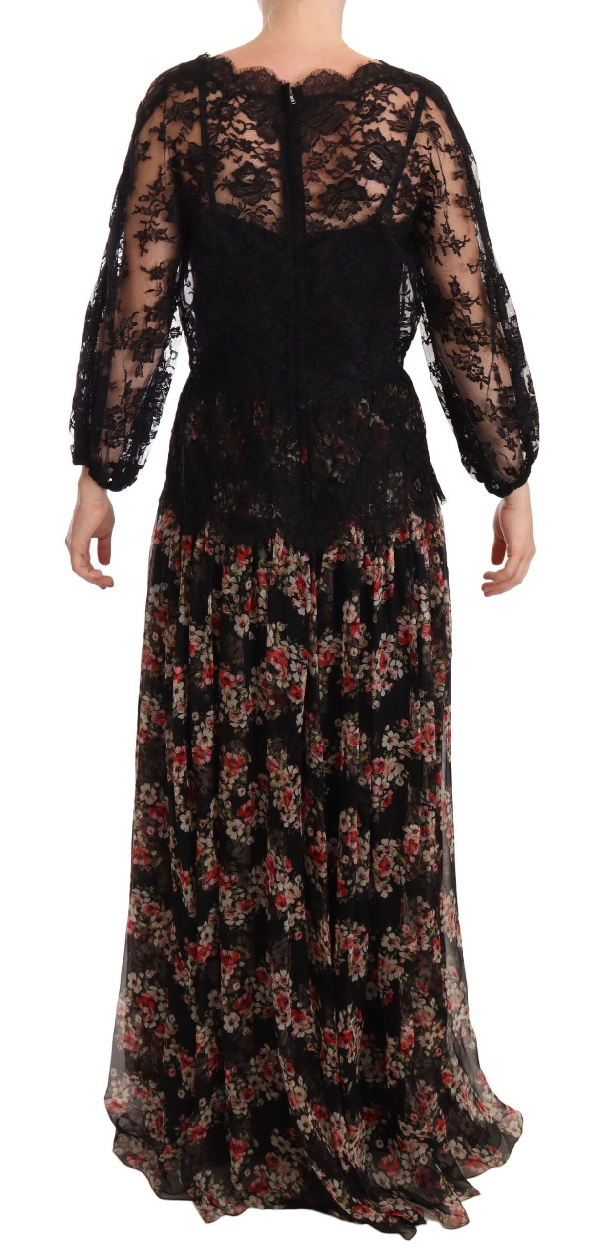 Zwarte maxi-caprijurk met kanten bloemen en stippen
