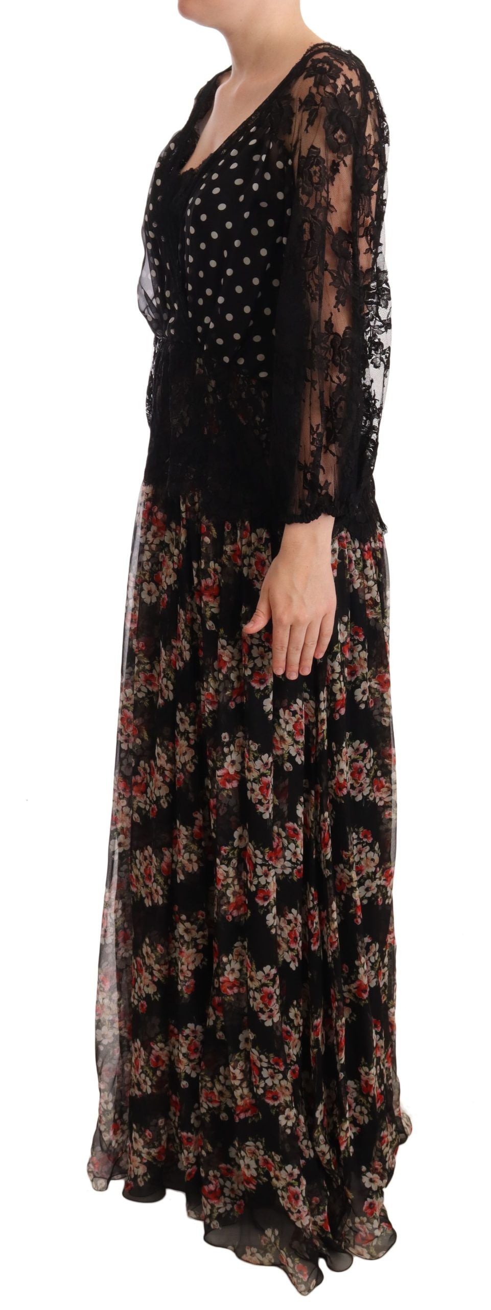 Zwarte maxi-caprijurk met kanten bloemen en stippen