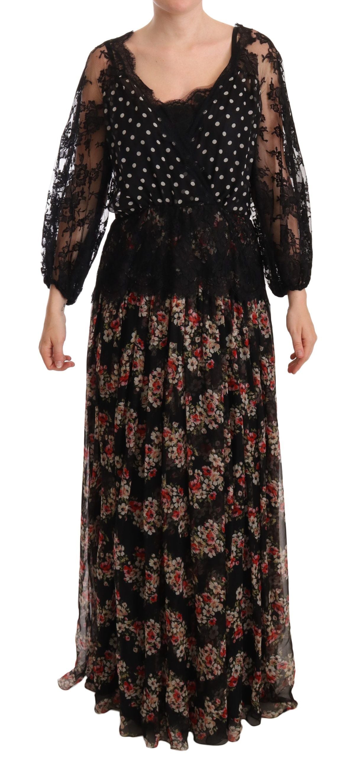 Zwarte maxi-caprijurk met kanten bloemen en stippen