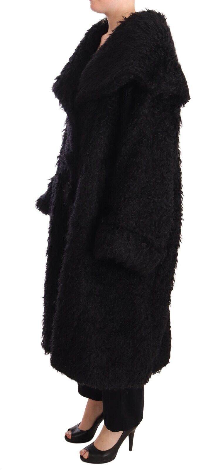 Zwarte Mohair Bont Cape Trenchcoat Jas