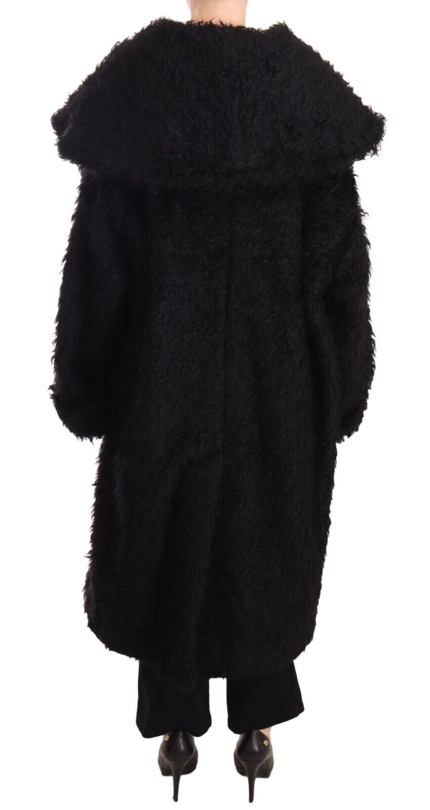 Zwarte Mohair Bont Cape Trenchcoat Jas