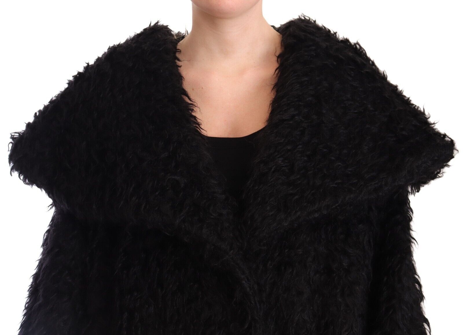 Zwarte Mohair Bont Cape Trenchcoat Jas