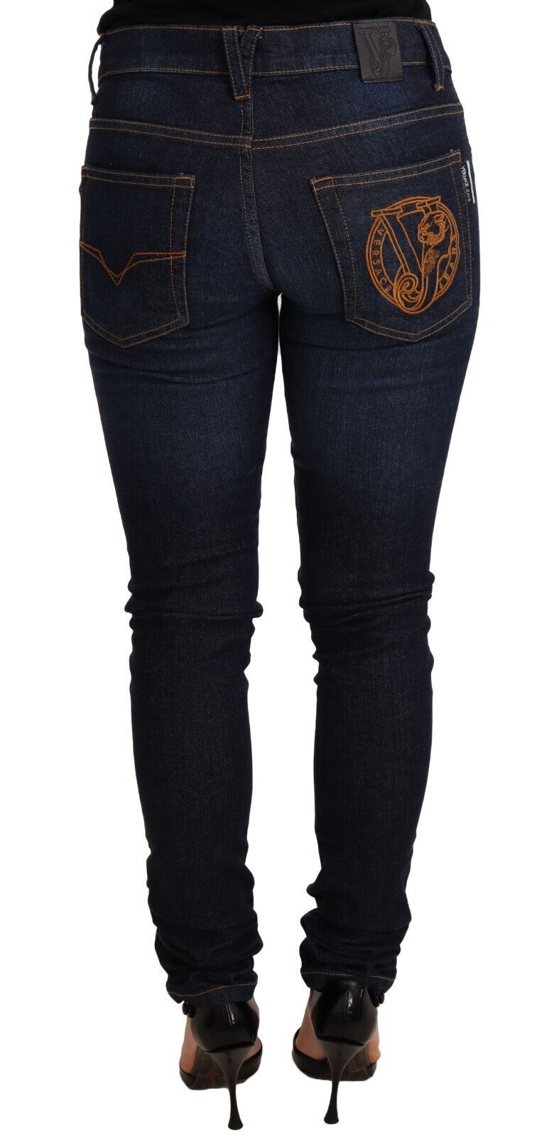 Donkerblauwe katoenen skinny denim jeans met lage taille