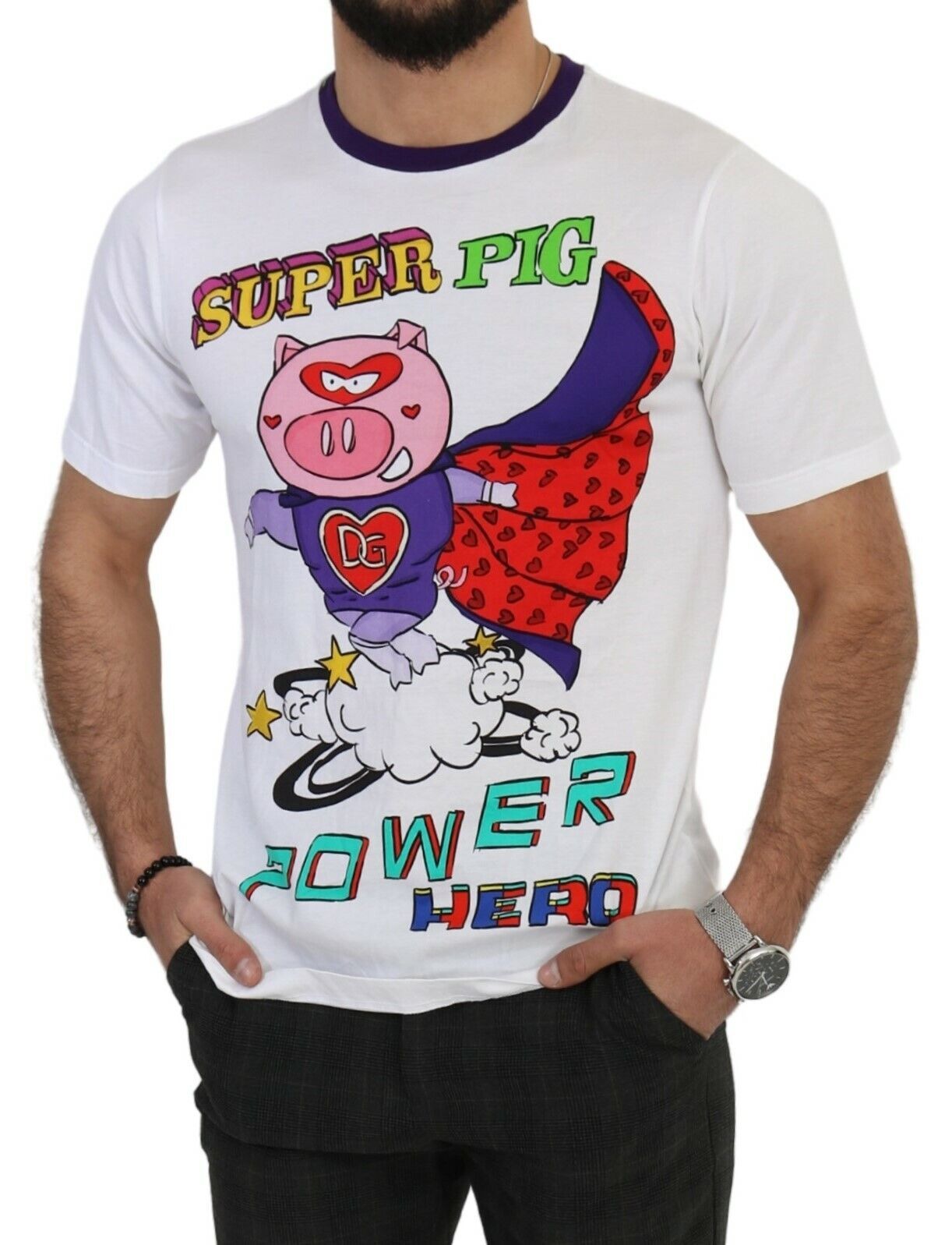 Wit katoenen T-shirt met Super Power Pig-top