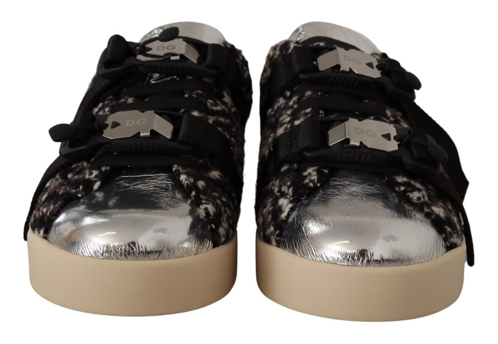Zilveren leren bruine katoenen wollen sneakers