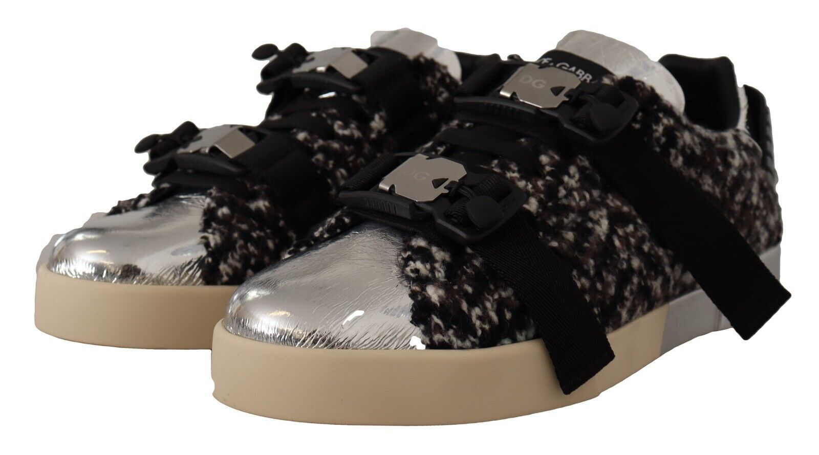 Zilveren leren bruine katoenen wollen sneakers