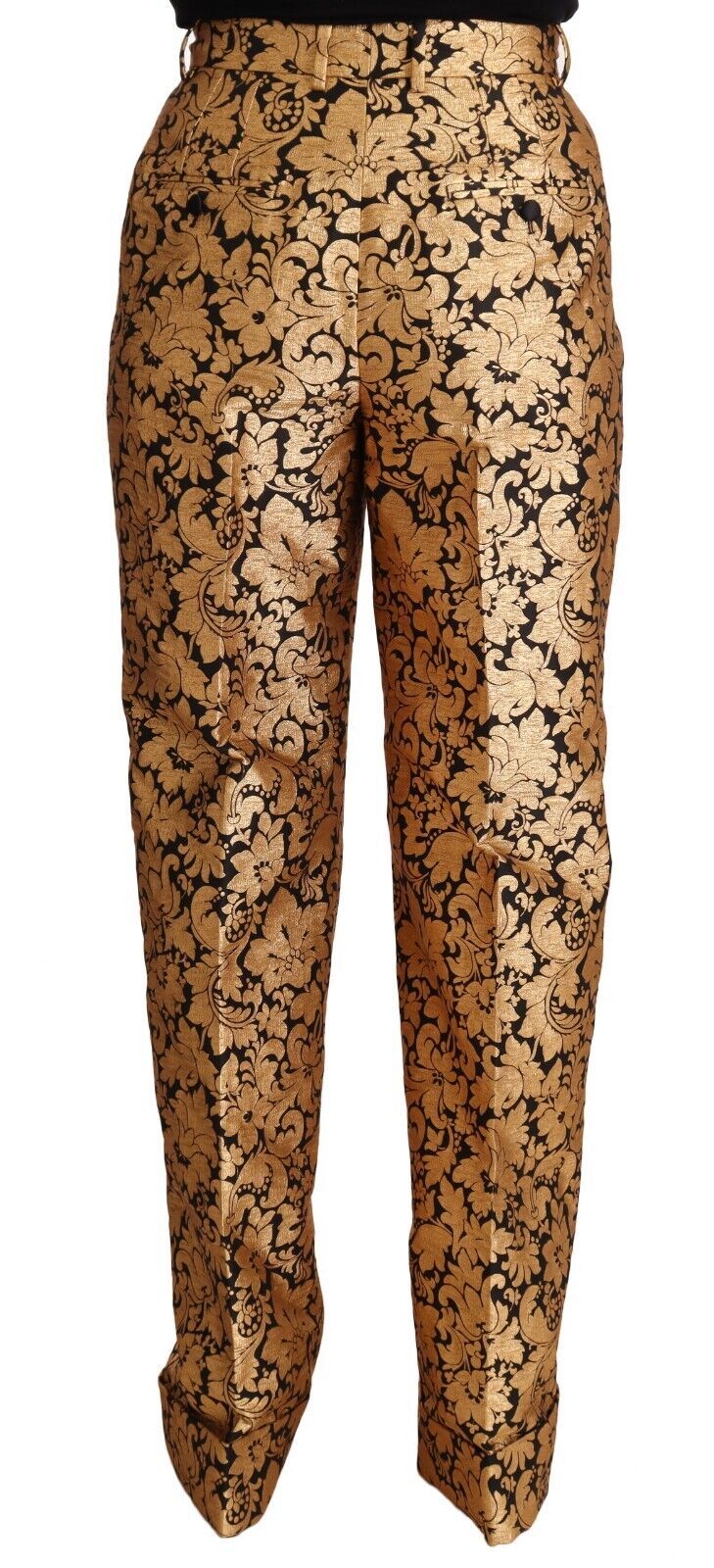 Gouden bloemen jacquard rechte polyester broek