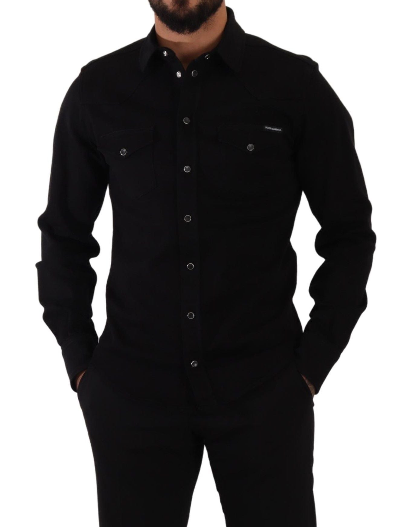 Zwart slank katoenen denim stretch overhemd