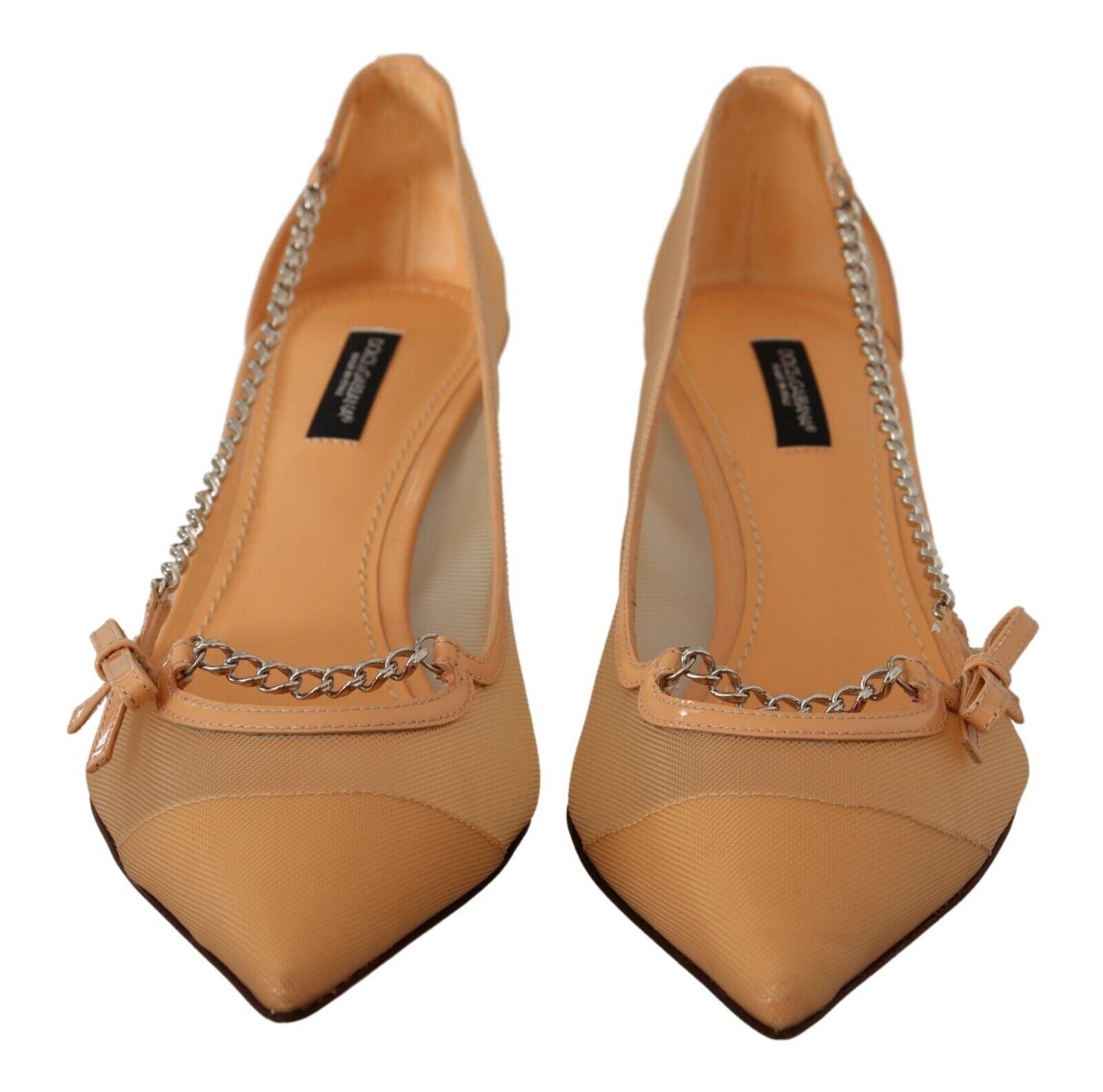 Perzikkleurige mesh leren kettingen hakken pumps schoenen