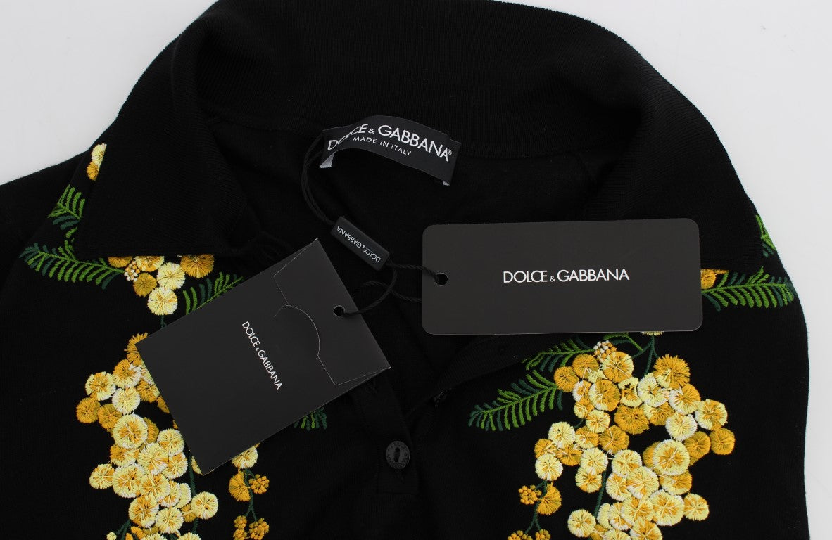 Zwarte zijden polotop met geborduurde bloemen