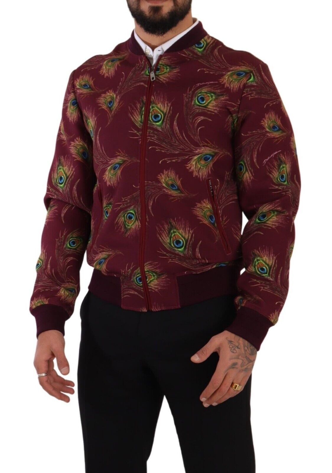 Rode pauw polyester stretch jas met volledige ritssluiting