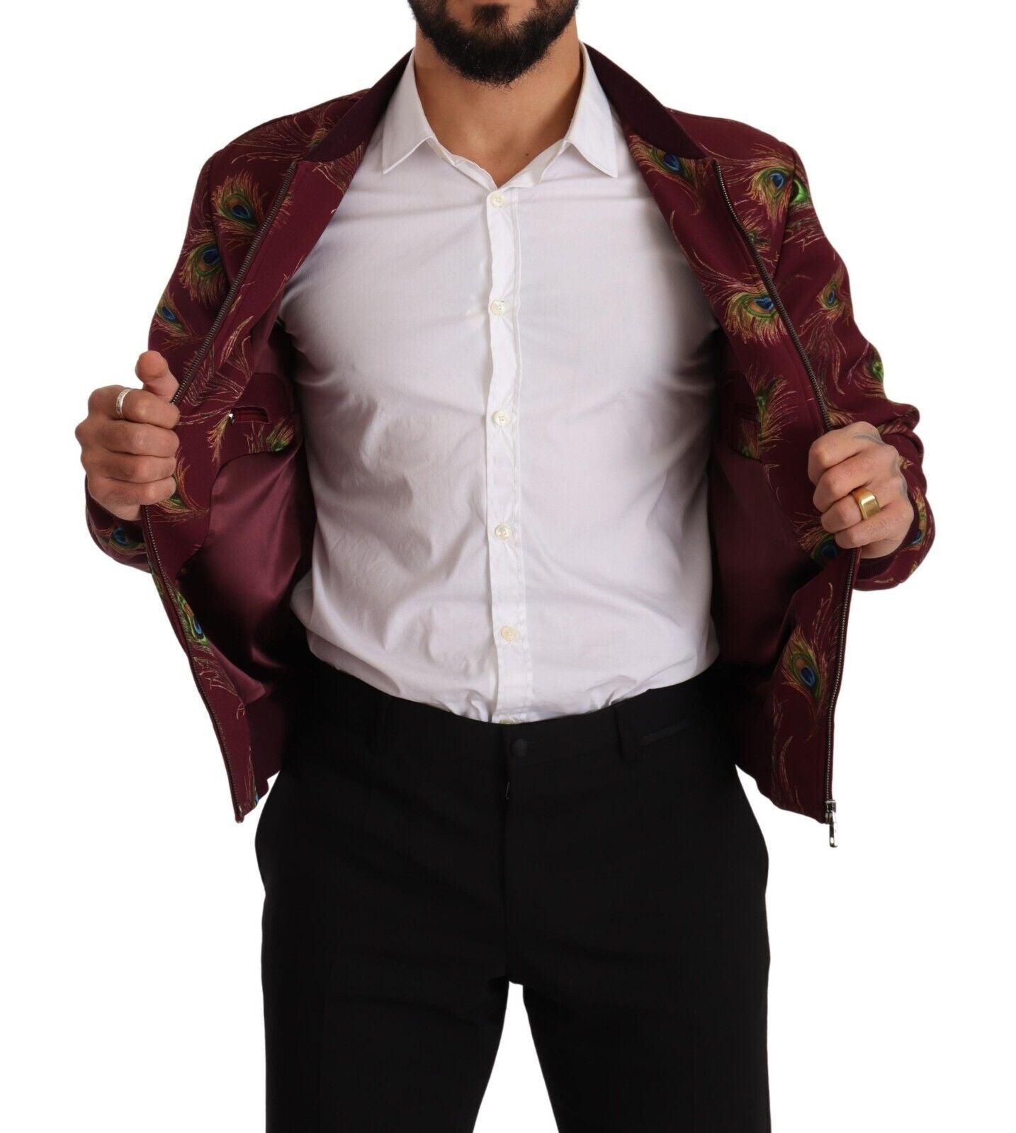 Rode pauw polyester stretch jas met volledige ritssluiting