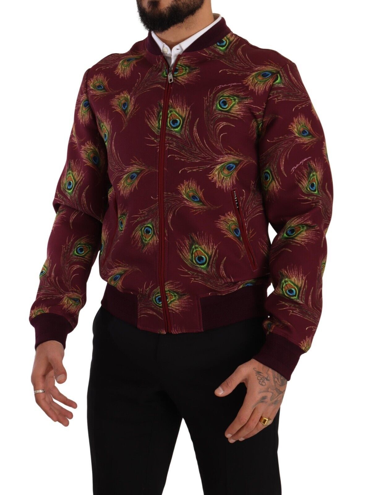 Rode pauw polyester stretch jas met volledige ritssluiting