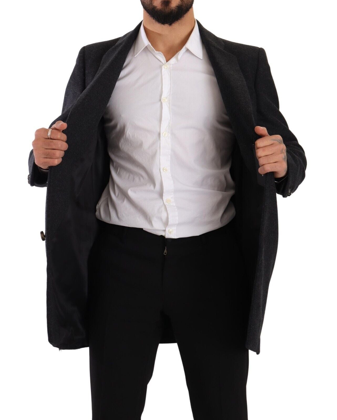 Donkergrijze wollen trenchcoat voor heren