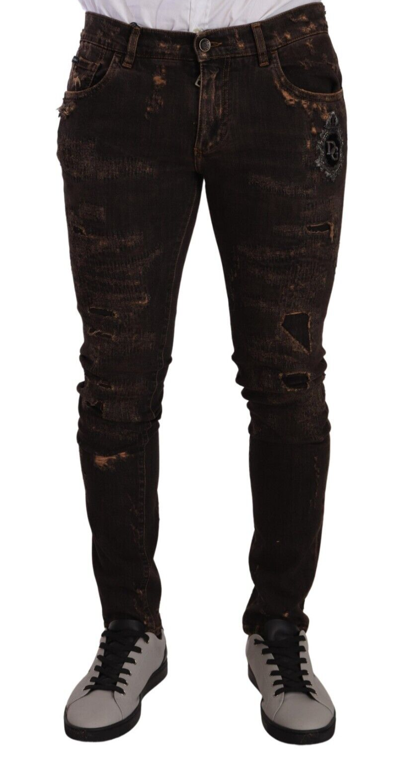 Кафяви, износени, тесни дънки Slim Fit