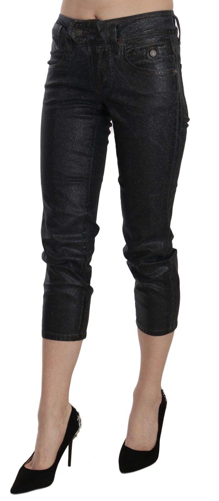 Zwarte gewassen mid waist slim leg cropped denim broek